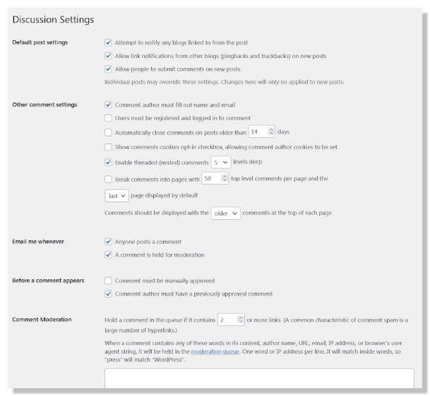 WordPress admin view: comment and moderation settings
