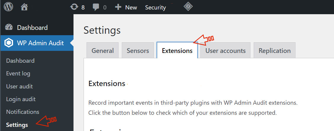 Extension settings for WP Admin Audit