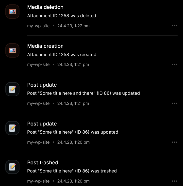 Example of WP Admin Audit events being sent to the Logsnag feed